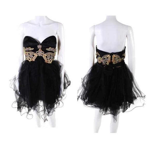 SHERRI HILL Black Gold Embroidered Tulle Strapless Mini Cocktail Dress Size 2 - Picture 4 of 10